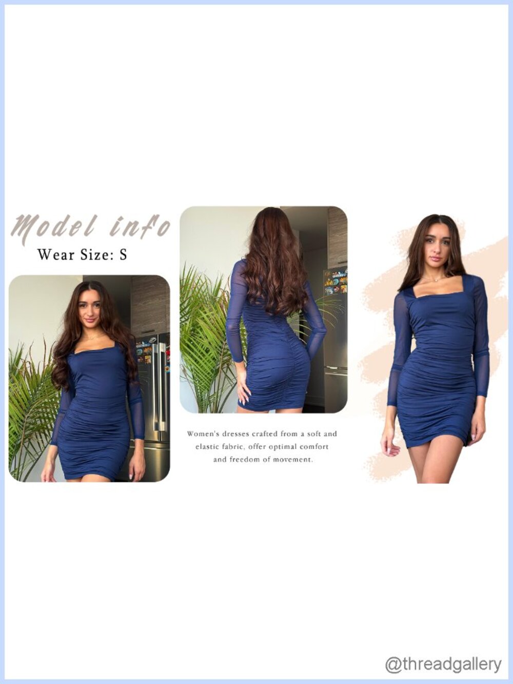 Women Mesh Long Sleeve Square Neck Ruched Bodycon Mini Dress - Picture 5 of 6